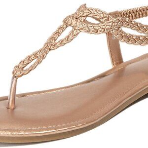 Women's Faux Leather Flat Sandals Summer T-Strap Boho Rhinestone Dressy